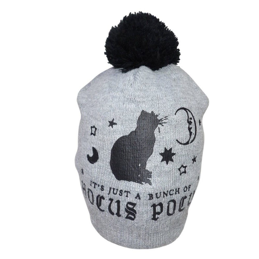 Gray Hocus Pocus Black Cat Pom Pom Beanie Knit Hat Moon Stars Graphic